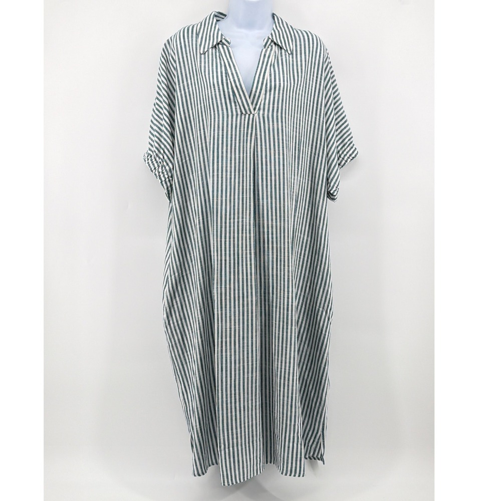 NWT Ulla Popken Striped Linen Blend Midi Shirt Dress 20/22 Green White Pockets